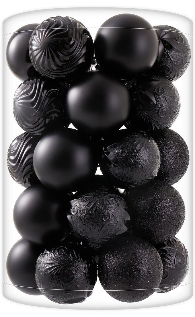 34CT BLACK CHRISTMAS BALL ORNAMENTS SHATTERPROOF PLASTIC CHRISTMAS TREE DECORATIONS FOR XMAS PARTY HOME OFFICE HOLIDAY HALLOWEEN DECOR MEDIUM SIZE 236 60MM