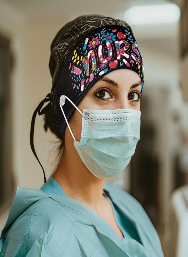 Babrukda Nursing Headbands for Women with Button for Mask Doctor Nurse Sweatband Fashion Flower Print Hair Bands Turban Women Men Head Wrap Elastic Headwear Headwrap for Working - Image 2