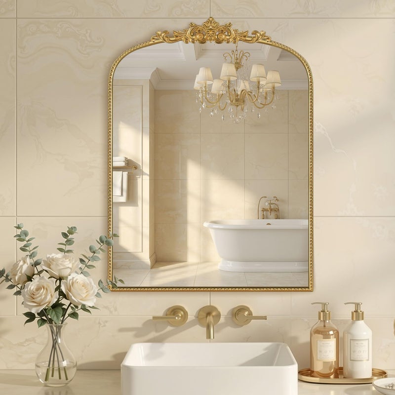 Wemily مرآة ويملي الذهبية العتيقة 24x32 بوصة، إطار مزخرف من أوراق الغار مع خرز، مرآة عمودية لتزيين الحمام، غرفة النوم، المدخل، غرفة المعيشة - Image 1