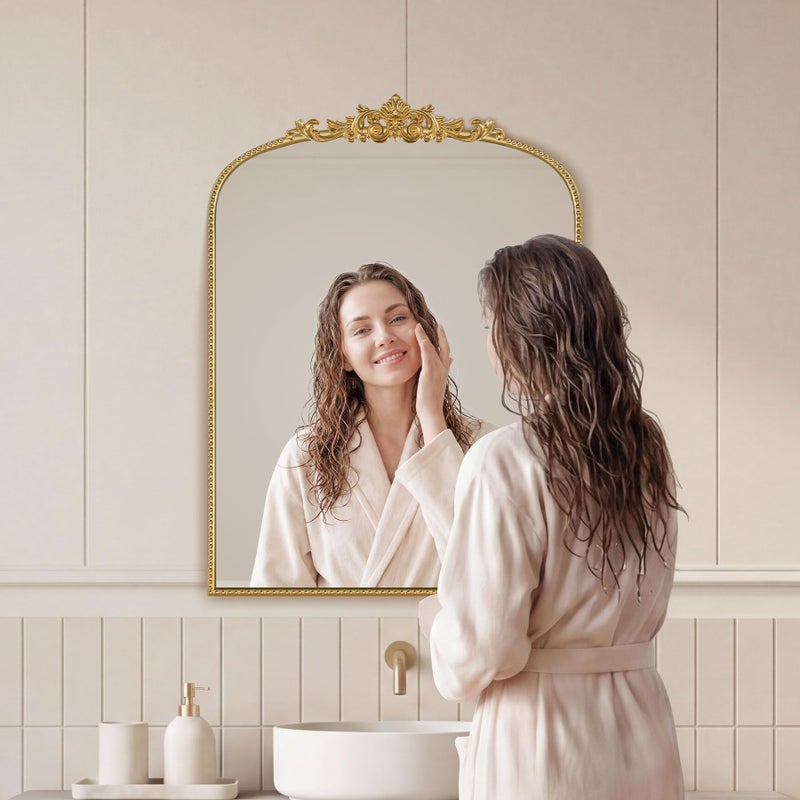 Wemily مرآة ويملي الذهبية العتيقة 24x32 بوصة، إطار مزخرف من أوراق الغار مع خرز، مرآة عمودية لتزيين الحمام، غرفة النوم، المدخل، غرفة المعيشة - Image 4
