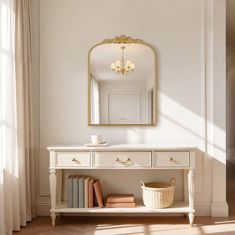 Wemily مرآة ويملي الذهبية العتيقة 24x32 بوصة، إطار مزخرف من أوراق الغار مع خرز، مرآة عمودية لتزيين الحمام، غرفة النوم، المدخل، غرفة المعيشة - Image 2