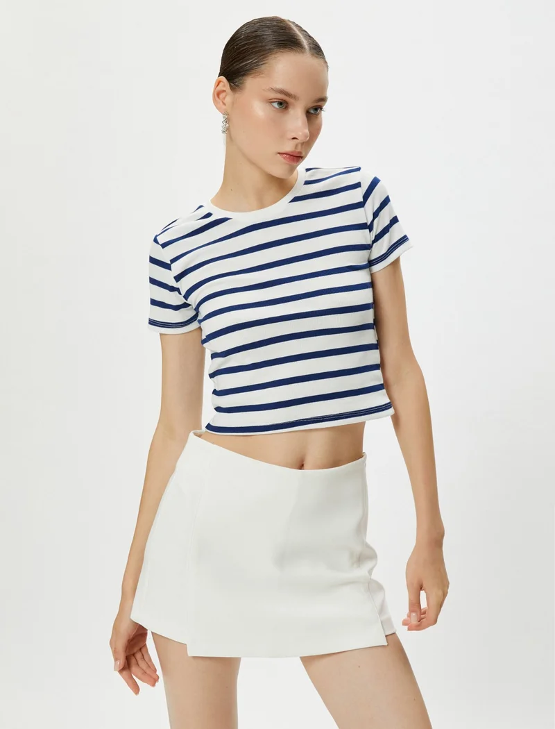 كوتون Crop T-Shirt Short Sleeve Crew Neck Viscose Fabric Blended