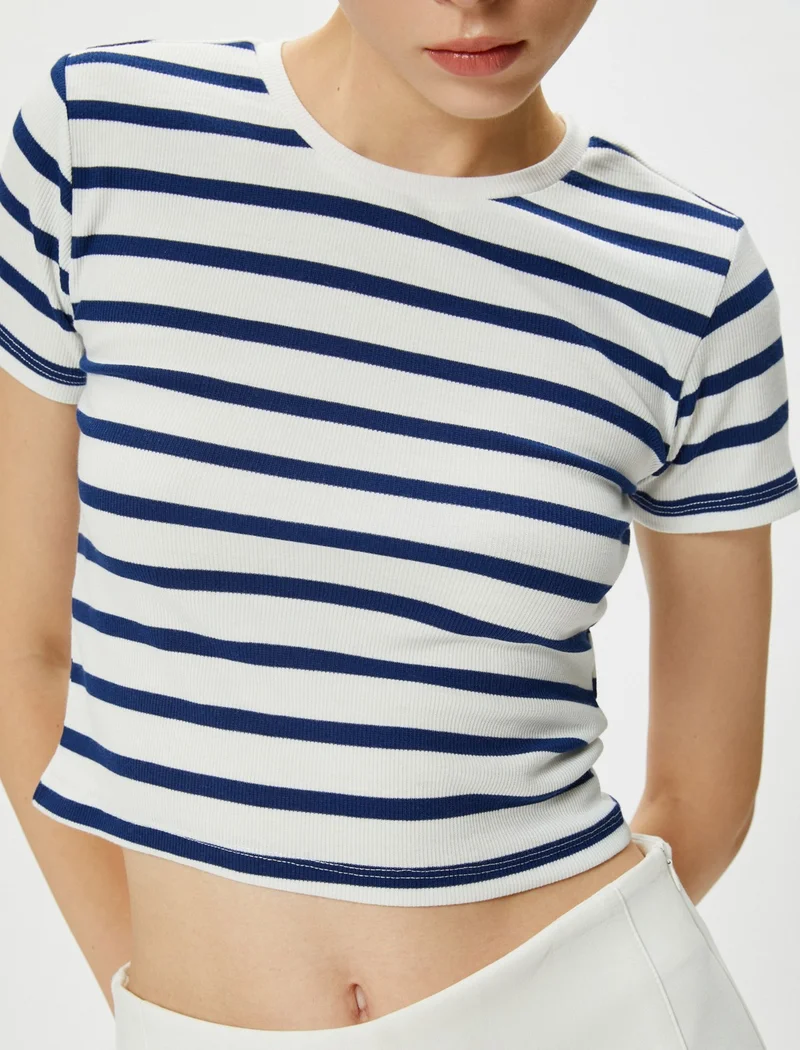 كوتون Crop T-Shirt Short Sleeve Crew Neck Viscose Fabric Blended