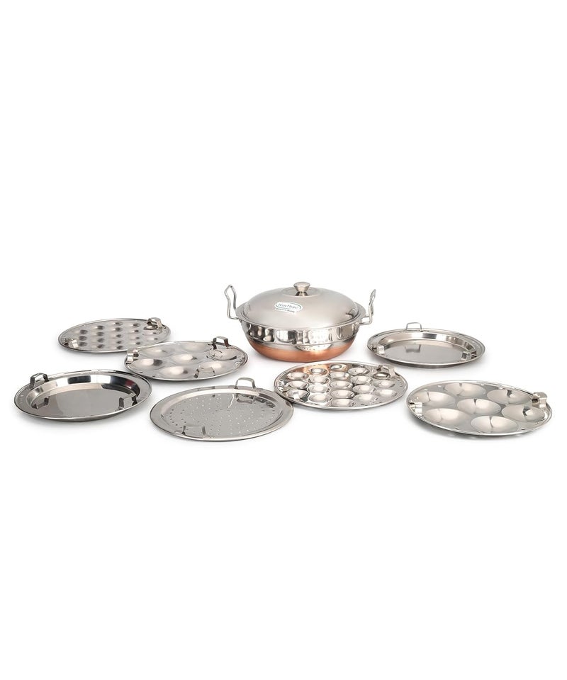 WayMore® S.S. Idli Dhokla Cooker Multi Kadai with Copper Bottom All-in-One Big Size 7 Plate, 2 Idli Steamer | 2 Mini Idli | 2 Dhokla Steamer | 1 Patra | Momos Steamer | 4 in 1 | 28.5 cm Dia.