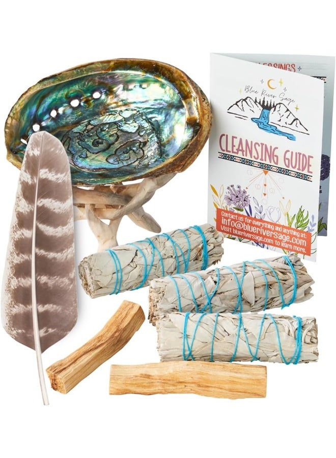 BLUE RIVER SAGE BLUE RIVER SAGE Home Cleansing & Smudging Kit with 3 White 2 Palo Santo, Abalone & Stand, Smudge Feather & Guide (Deluxe)  - Image 1