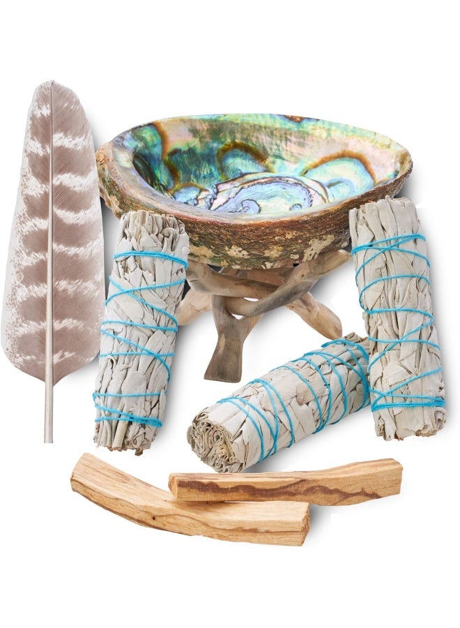 BLUE RIVER SAGE BLUE RIVER SAGE Home Cleansing & Smudging Kit with 3 White 2 Palo Santo, Abalone & Stand, Smudge Feather & Guide (Deluxe)  - Image 4