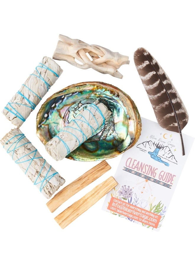 BLUE RIVER SAGE BLUE RIVER SAGE Home Cleansing & Smudging Kit with 3 White 2 Palo Santo, Abalone & Stand, Smudge Feather & Guide (Deluxe)  - Image 5