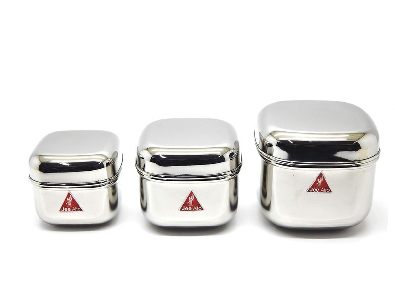 JEE ALTO Steel Square Reliable Pot Canisters/Puri Dabba/Storage Containers/Dabba Set Of 3 Pcs (300 Ml, 475Ml, 650Ml, Stainless Steel) - Silver - Image 1