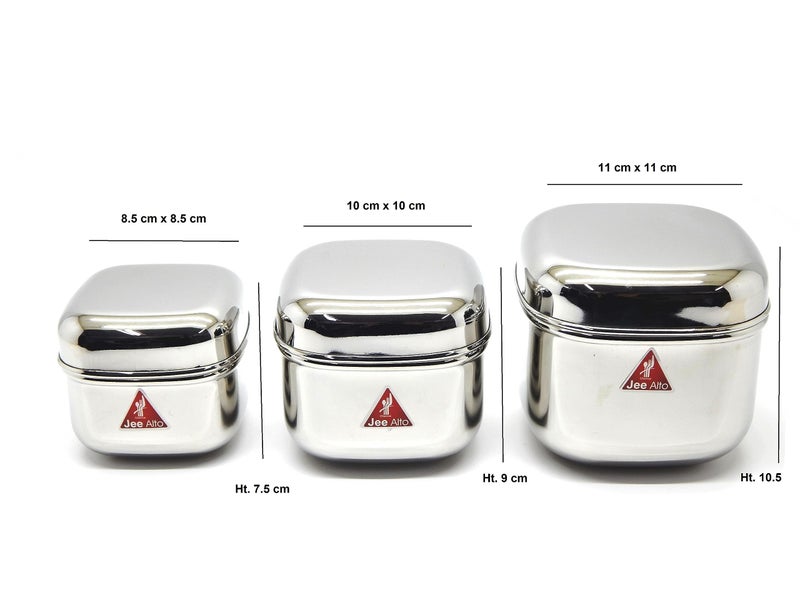 JEE ALTO Steel Square Reliable Pot Canisters/Puri Dabba/Storage Containers/Dabba Set Of 3 Pcs (300 Ml, 475Ml, 650Ml, Stainless Steel) - Silver - Image 3