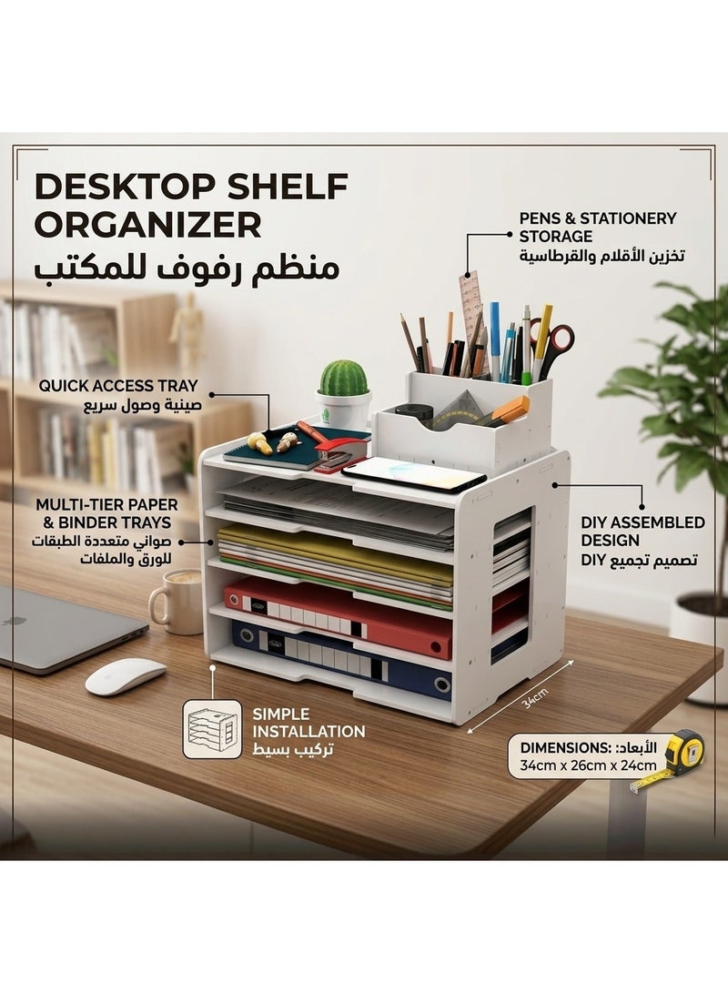 MaBaby Office 5 Tiers File Paper Organizer for Desk Desktop White File Holder Office  Desk Organizer Storage Supplies Removable Shelves A4 File Frame Book Stand - Image 1