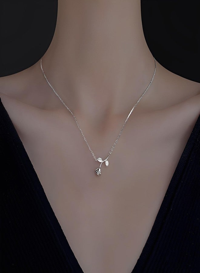Reffeer Solid 925 Sterling Silver Rose Flower Necklace Chain for Women Teen Girls CZ Flower Pendant Necklace Choker (A-Silver) - Image 2