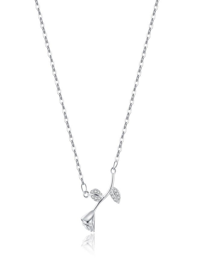 Reffeer Solid 925 Sterling Silver Rose Flower Necklace Chain for Women Teen Girls CZ Flower Pendant Necklace Choker (A-Silver) - Image 1