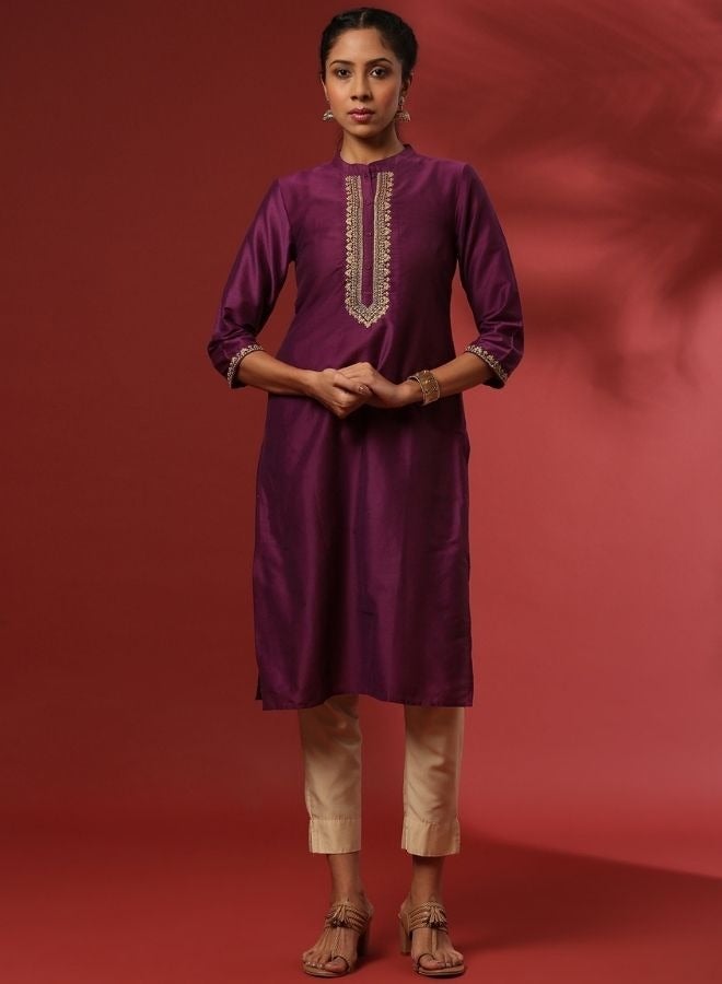 Abhishti straight embroidered kurta- violet  - Image 1