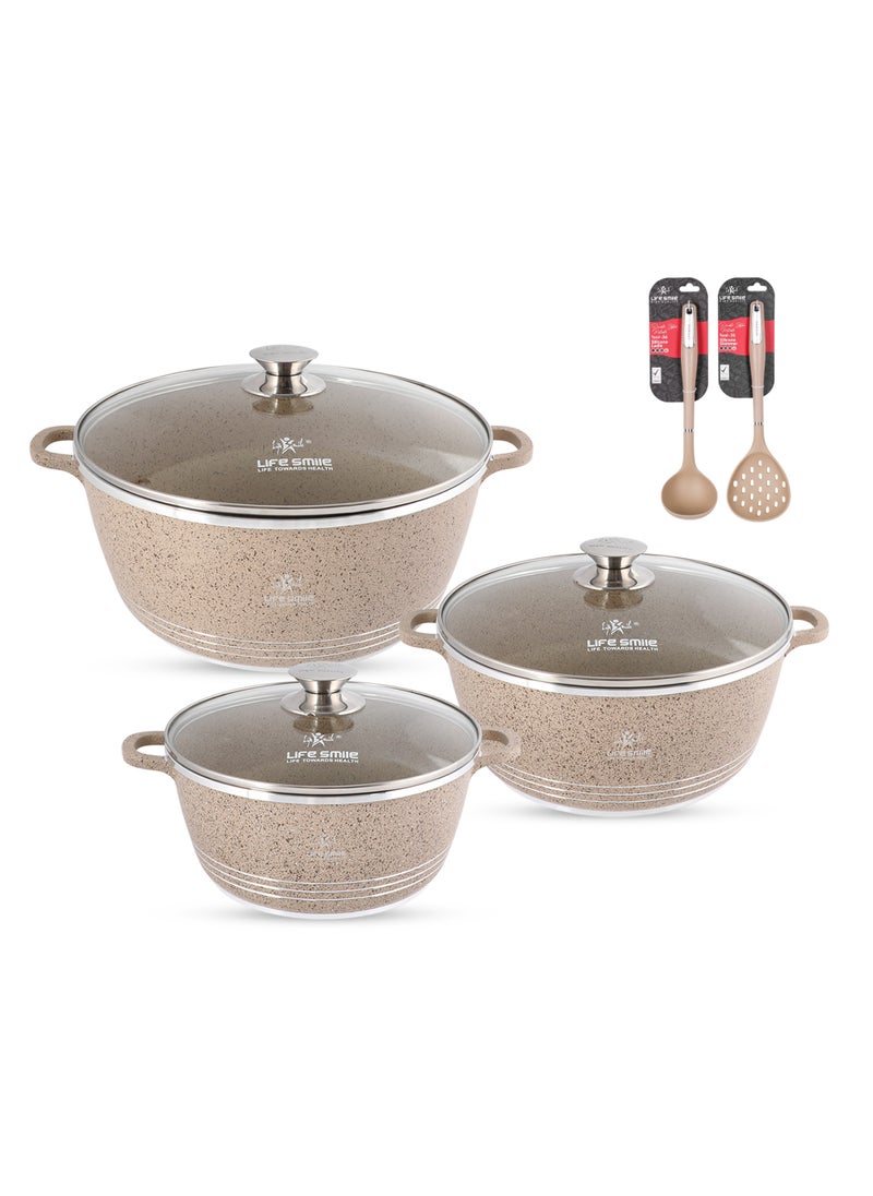 Life Smile Nonstick Cookware Set 8 pcs Cookwares with Stainless steel rim-Oven safe Pots and Pans set-Granite Coating Cooking Pots set Includes 24cmx4.1L Casserole with Lid, 28cmx6.7LCasserole with Lid, , 32cmx9.5L Casserole with Lid & 2pcs Silicone Utensils Contains 32x8.5cm Soup ladle & 34.5x10cm Skimmer  - Image 1