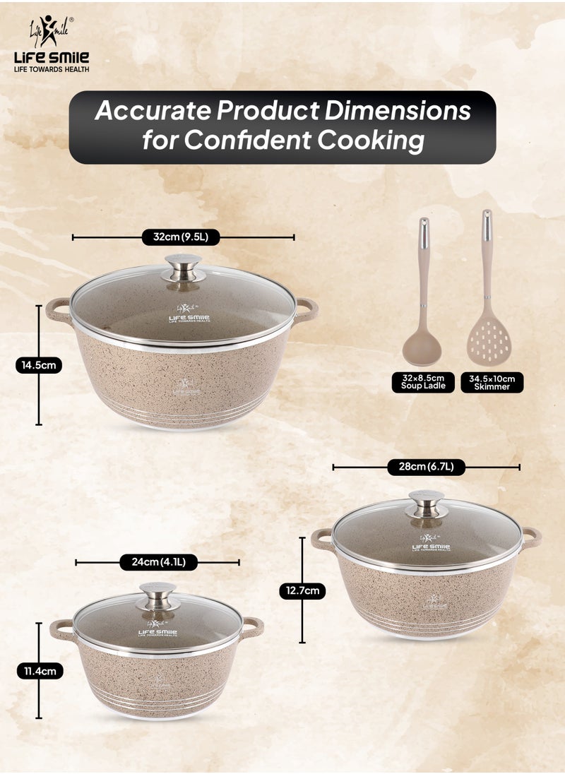 Life Smile Nonstick Cookware Set 8 pcs Cookwares with Stainless steel rim-Oven safe Pots and Pans set-Granite Coating Cooking Pots set Includes 24cmx4.1L Casserole with Lid, 28cmx6.7LCasserole with Lid, , 32cmx9.5L Casserole with Lid & 2pcs Silicone Utensils Contains 32x8.5cm Soup ladle & 34.5x10cm Skimmer  - Image 3