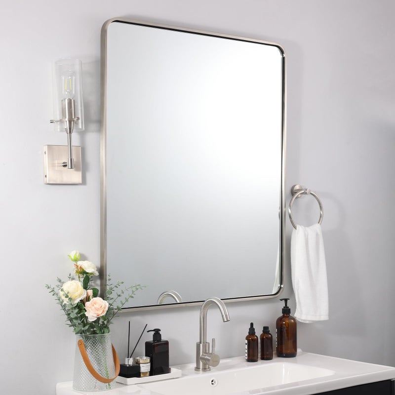 ANDY STAR ANDY STAR Brushed Nickel Bathroom Mirror 24x36 Rounded Rectangle Mirror Modern Silver Vanity Mirror SUS304 Metal Tube FrameRustproof 1 Deep Wall Mounted VerticallyHorizontally 