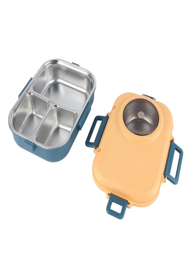 Tbest Thermal Lu Box For Hot Food Thermal Tazon,Lu Box Lu Box Thermal Lu Box 1100Ml Double Layer 3 Grid Design 304 Stainl Steel Box With Chopsticks Spoon Soup Bowl G (Blue Yellow) - Image 4