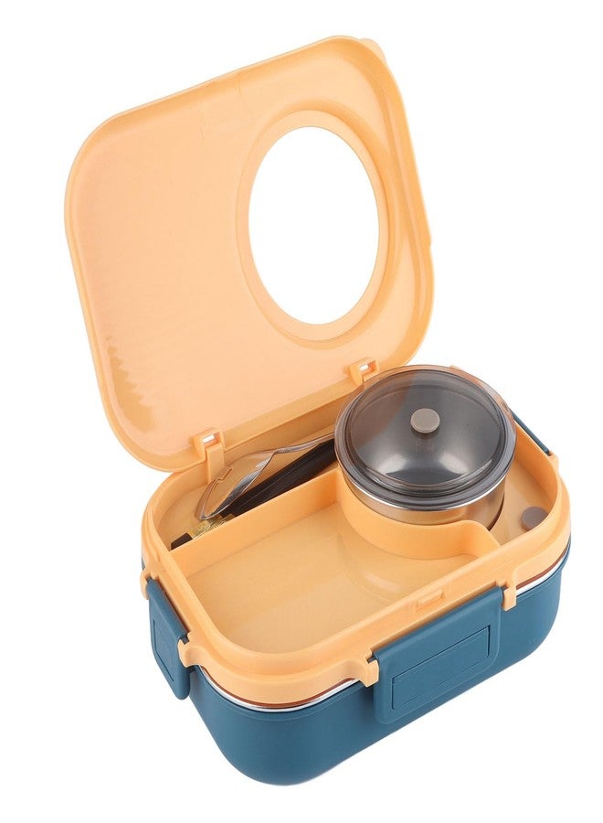 Tbest Thermal Lu Box For Hot Food Thermal Tazon,Lu Box Lu Box Thermal Lu Box 1100Ml Double Layer 3 Grid Design 304 Stainl Steel Box With Chopsticks Spoon Soup Bowl G (Blue Yellow) - Image 3
