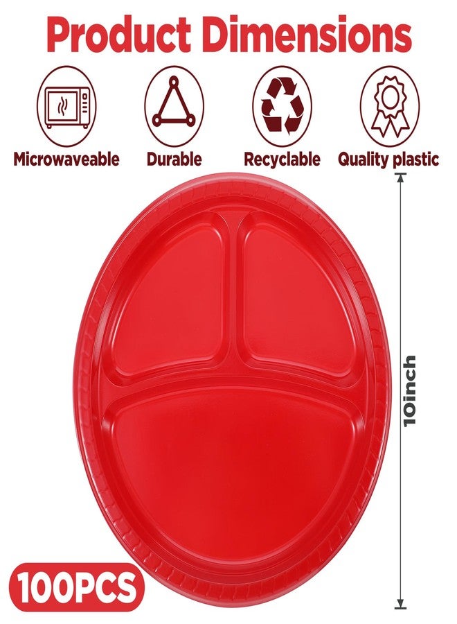 Lemecima 100 Pcs 10 Inch Red Plastic Plates with 3 Compartments, Heavy Duty Disposable Compartment Plates for Party, Wedding, Birthday, Picnic & BBQ - Microwave Safe Round Dinnerware - Image 3