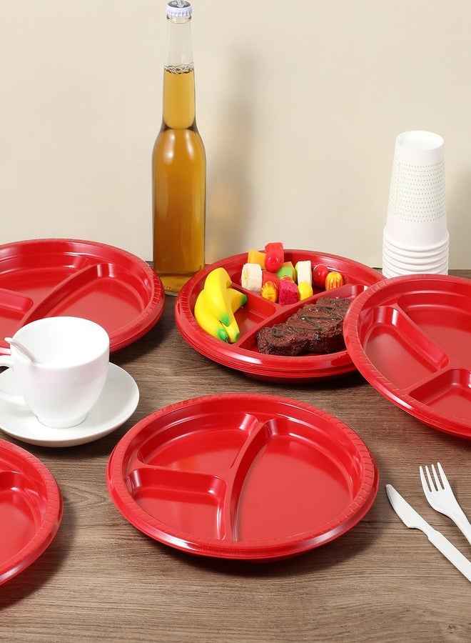 Lemecima 100 Pcs 10 Inch Red Plastic Plates with 3 Compartments, Heavy Duty Disposable Compartment Plates for Party, Wedding, Birthday, Picnic & BBQ - Microwave Safe Round Dinnerware - Image 4