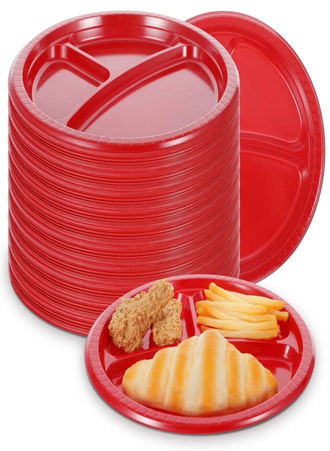 Lemecima 100 Pcs 10 Inch Red Plastic Plates with 3 Compartments, Heavy Duty Disposable Compartment Plates for Party, Wedding, Birthday, Picnic & BBQ - Microwave Safe Round Dinnerware - Image 1