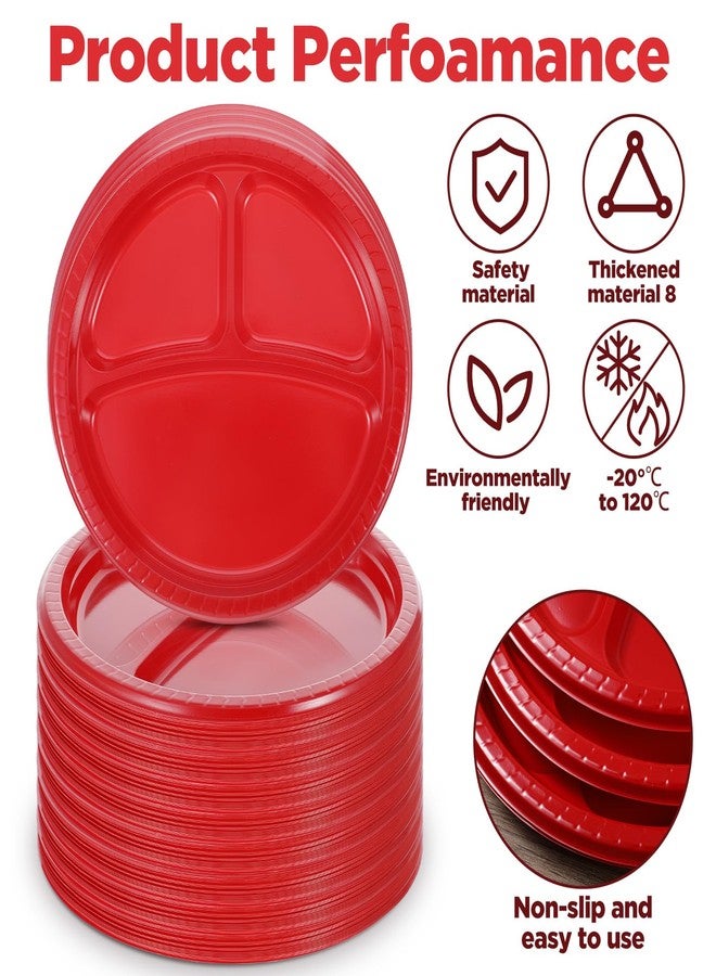 Lemecima 100 Pcs 10 Inch Red Plastic Plates with 3 Compartments, Heavy Duty Disposable Compartment Plates for Party, Wedding, Birthday, Picnic & BBQ - Microwave Safe Round Dinnerware - Image 2