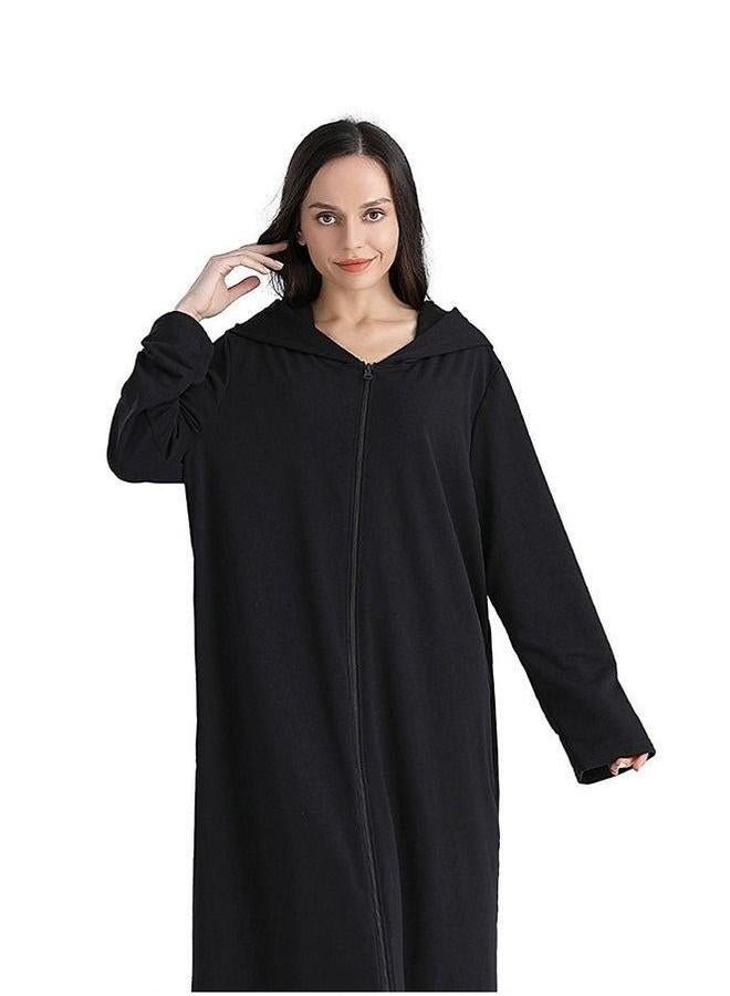 HOMESTAR Long zip-up bathrobe with hood, perfect for vacations by the sea, and beach Black Size M  - Image 3