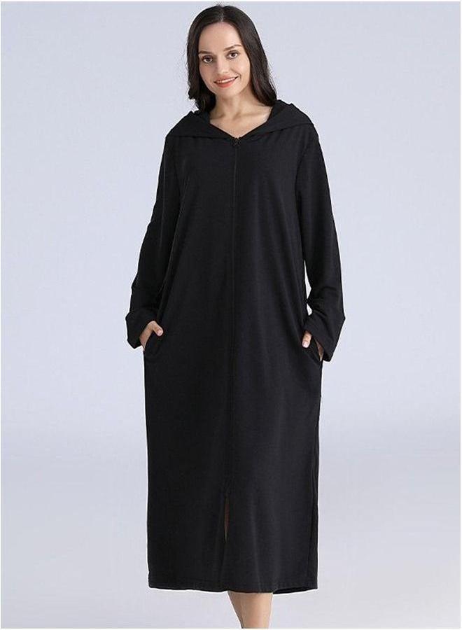 HOMESTAR Long zip-up bathrobe with hood, perfect for vacations by the sea, and beach Black Size M  - Image 1