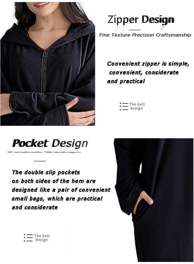 HOMESTAR Long zip-up bathrobe with hood, perfect for vacations by the sea, and beach Black Size M  - Image 2