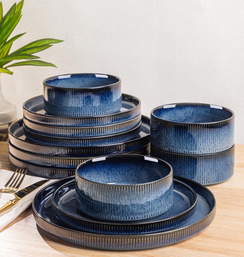 TheTerra Ceramic Dinnerware Sets for 4, 12 Pieces Porcelain Lightweight Plates and Bowls Sets, Scratch Resistant Dish Set, Oven & Microwave & Dishwasher Safe, Starry Blue - Image 1