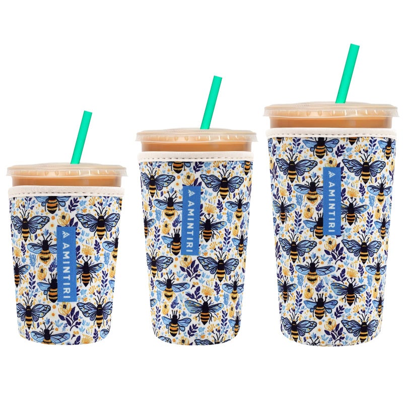 Amintiri 3 Pack Reusable Sleeve For Iced Coffee Cup  Coffee Neoprene Sleeve For Iced&Hot Drinks  Coffee Sleeve Compatible With Starbucks  Dunkin Coffee Cup. (Bee World) - Image 1