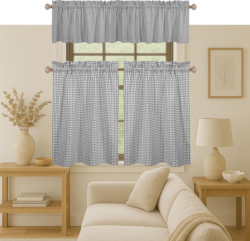 Native Fab Gingham Plaid Check 3 Pieces Window Curtain Tiers 26"x36" and Valance 54"x18" Set - Rod Pocket - Semi Sheer - Farmhouse Short Curtain for Kitchen, Bedroom, Bathroom - Grey and White - Image 1