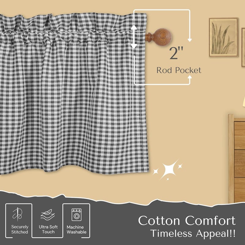 Native Fab Gingham Plaid Check 3 Pieces Window Curtain Tiers 26"x36" and Valance 54"x18" Set - Rod Pocket - Semi Sheer - Farmhouse Short Curtain for Kitchen, Bedroom, Bathroom - Grey and White - Image 5