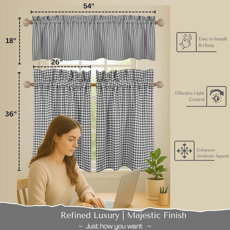 Native Fab Gingham Plaid Check 3 Pieces Window Curtain Tiers 26"x36" and Valance 54"x18" Set - Rod Pocket - Semi Sheer - Farmhouse Short Curtain for Kitchen, Bedroom, Bathroom - Grey and White - Image 2