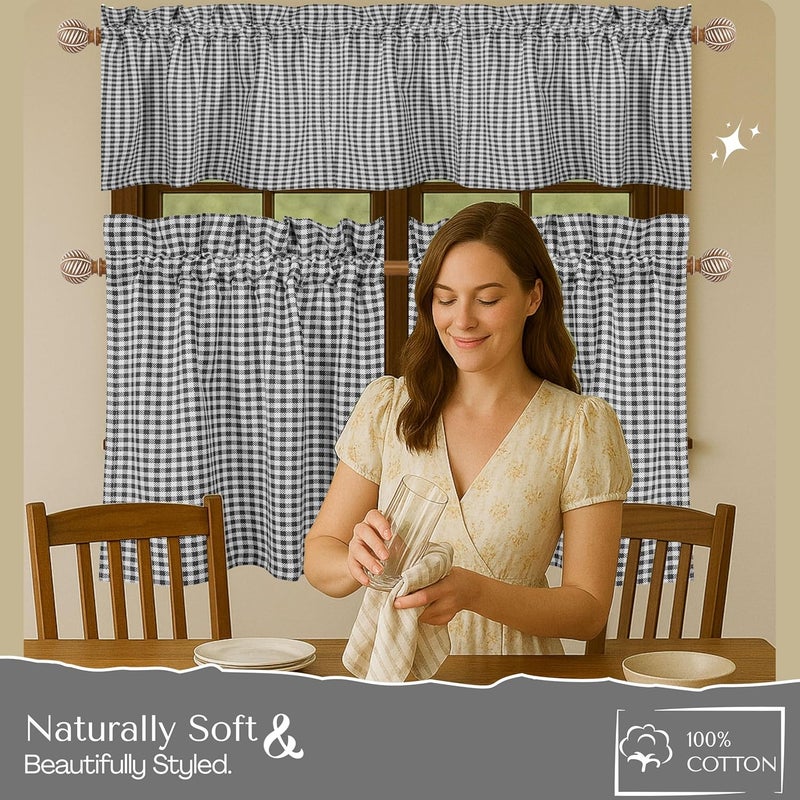 Native Fab Gingham Plaid Check 3 Pieces Window Curtain Tiers 26"x36" and Valance 54"x18" Set - Rod Pocket - Semi Sheer - Farmhouse Short Curtain for Kitchen, Bedroom, Bathroom - Grey and White - Image 3