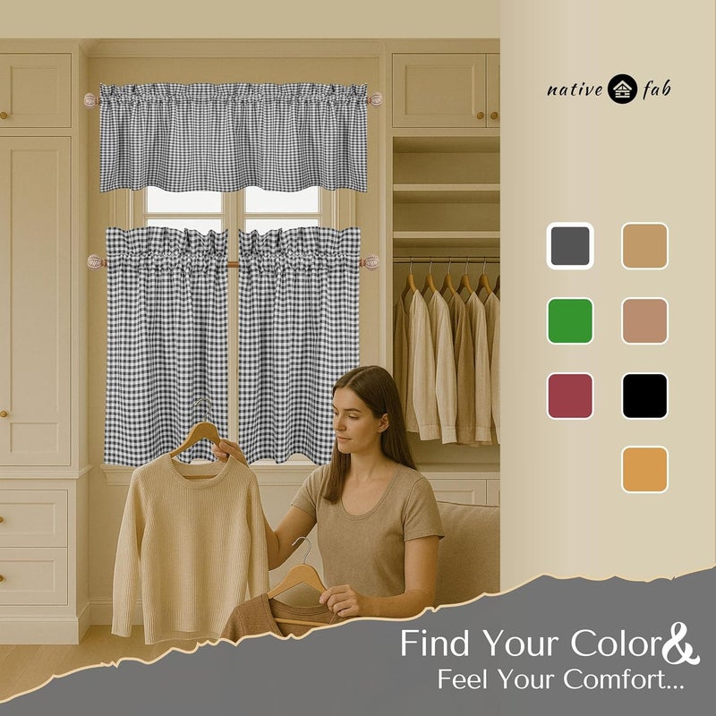 Native Fab Gingham Plaid Check 3 Pieces Window Curtain Tiers 26"x36" and Valance 54"x18" Set - Rod Pocket - Semi Sheer - Farmhouse Short Curtain for Kitchen, Bedroom, Bathroom - Grey and White - Image 4