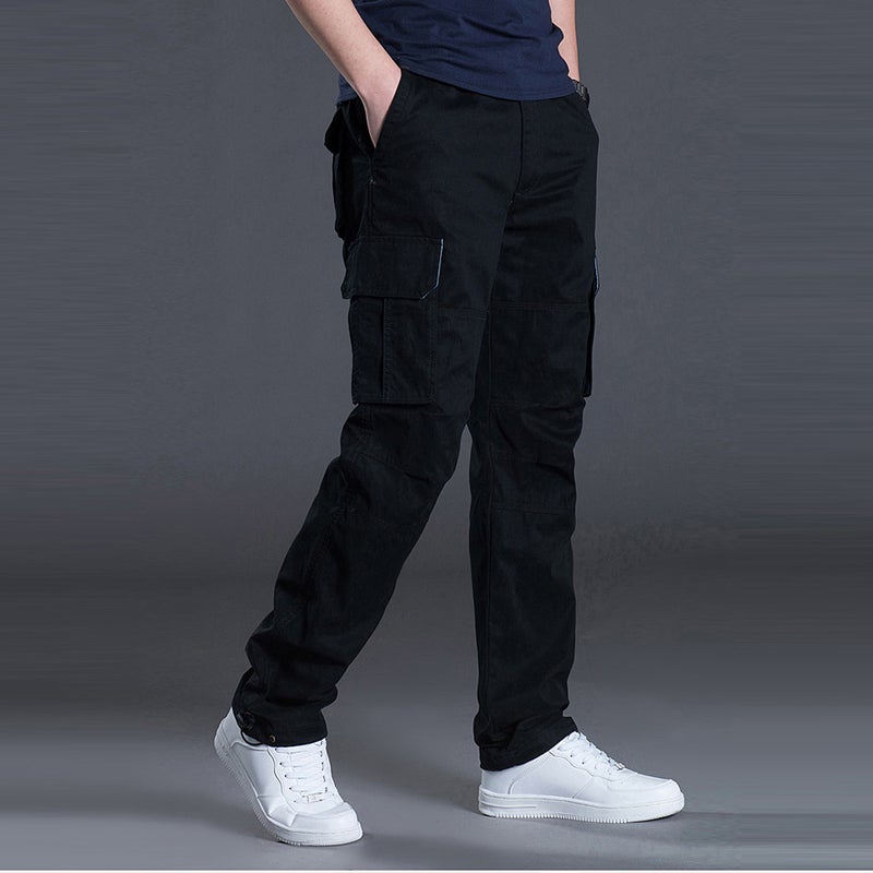 Generic Spring and Autumn Cotton Casual Pants Mens Loose Work Pants Straight Multi-Pocket Workwear Pants Mens Pants Outdoor Sports Pants Black - Image 1