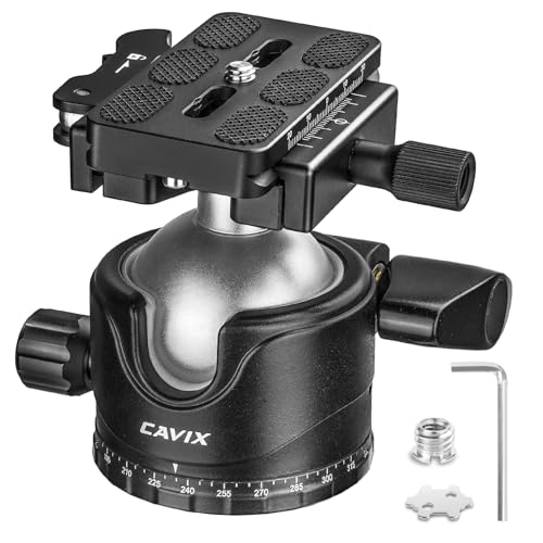 CAVIX Lever Tripod Ball Head, Low Gravity Metal Ball Head Camera Tripod Head 44lbs/20kg Load, Panoramic Ball Head, with 1/4" Arca Swiss Quick Release Plate for Tripod, Monopod, DSLR, Camera(H-46F). - Image 1
