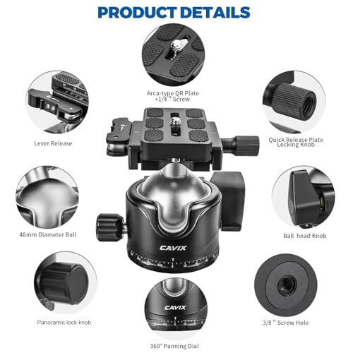 CAVIX Lever Tripod Ball Head, Low Gravity Metal Ball Head Camera Tripod Head 44lbs/20kg Load, Panoramic Ball Head, with 1/4" Arca Swiss Quick Release Plate for Tripod, Monopod, DSLR, Camera(H-46F). - Image 4