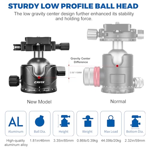 CAVIX Lever Tripod Ball Head, Low Gravity Metal Ball Head Camera Tripod Head 44lbs/20kg Load, Panoramic Ball Head, with 1/4" Arca Swiss Quick Release Plate for Tripod, Monopod, DSLR, Camera(H-46F). - Image 3