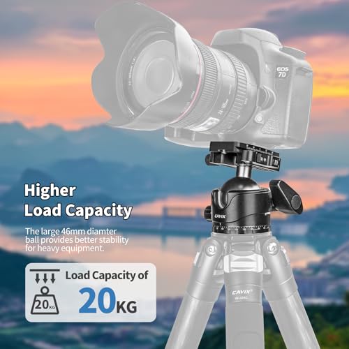 CAVIX Lever Tripod Ball Head, Low Gravity Metal Ball Head Camera Tripod Head 44lbs/20kg Load, Panoramic Ball Head, with 1/4" Arca Swiss Quick Release Plate for Tripod, Monopod, DSLR, Camera(H-46F). - Image 2