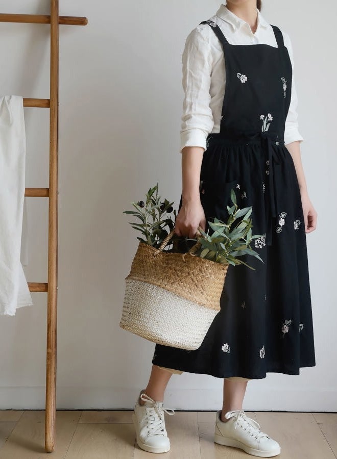 FADUOFA Japanese Cotton Linen Cross Back Apron for Women with Pockets,Fashion Pinafore Dress with Waist Ties - Image 2