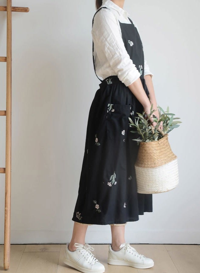 FADUOFA Japanese Cotton Linen Cross Back Apron for Women with Pockets,Fashion Pinafore Dress with Waist Ties - Image 4