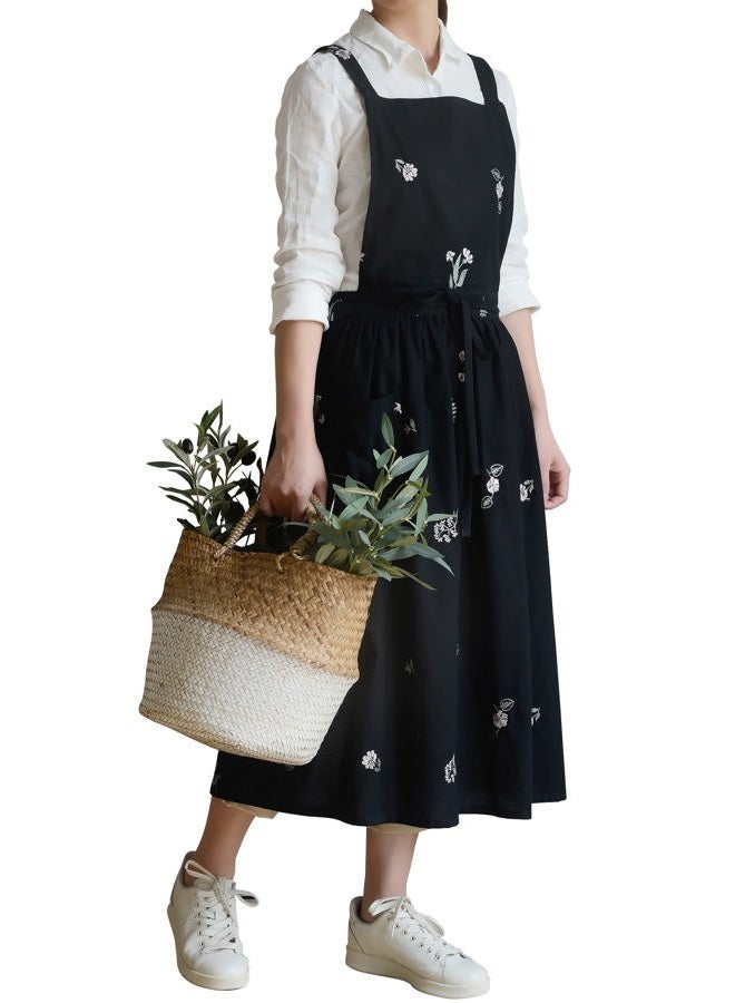 FADUOFA Japanese Cotton Linen Cross Back Apron for Women with Pockets,Fashion Pinafore Dress with Waist Ties - Image 1