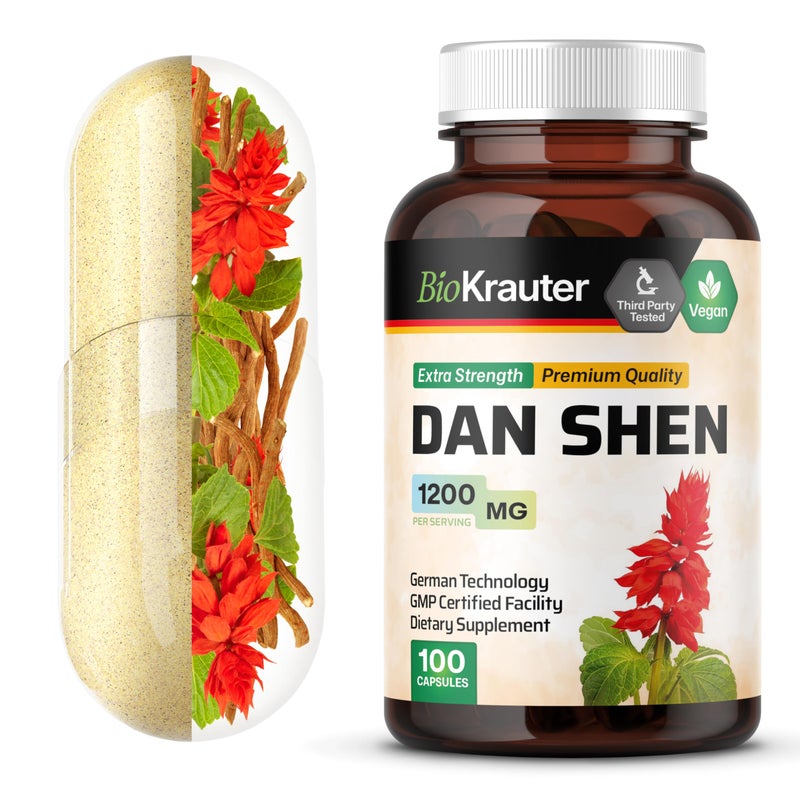 BIO KRAUTER BIO KRAUTER Dan Shen Root Capsules 1200 mg Strength 100 Red Sage Caps Antioxidant Source Salvia Miltiorrhiza Root Vegan 