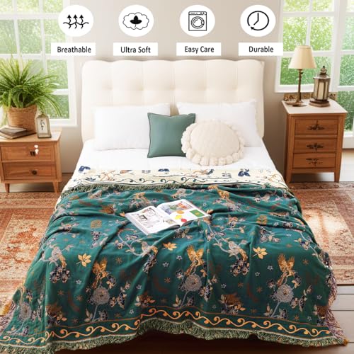 VANJOROY Boho 100% Organic Cotton Muslin Large Throw Blanket 60" x 80" - All Season Rustic Ultra Soft Breathable Floral Bird Blanket for Bed Sofa Couch Chair Bedspread Quilt Gift,-Teal,Beige - Image 2