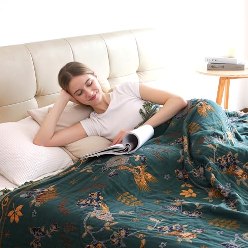 VANJOROY Boho 100% Organic Cotton Muslin Large Throw Blanket 60" x 80" - All Season Rustic Ultra Soft Breathable Floral Bird Blanket for Bed Sofa Couch Chair Bedspread Quilt Gift,-Teal,Beige - Image 4