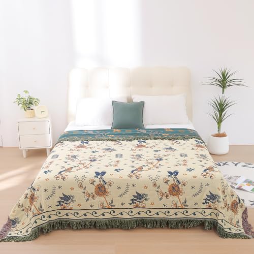 VANJOROY Boho 100% Organic Cotton Muslin Large Throw Blanket 60" x 80" - All Season Rustic Ultra Soft Breathable Floral Bird Blanket for Bed Sofa Couch Chair Bedspread Quilt Gift,-Teal,Beige - Image 5