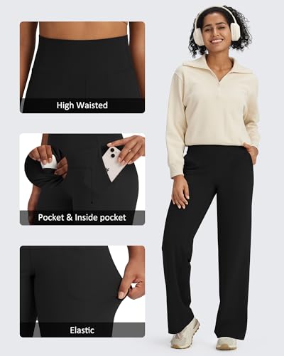 G4Free Wide Leg Pants Woman Loose Yoga Pants with Pockets Soft Comfy Casual Trousers Stretch Sweatpants (Black,L,29") - Image 3