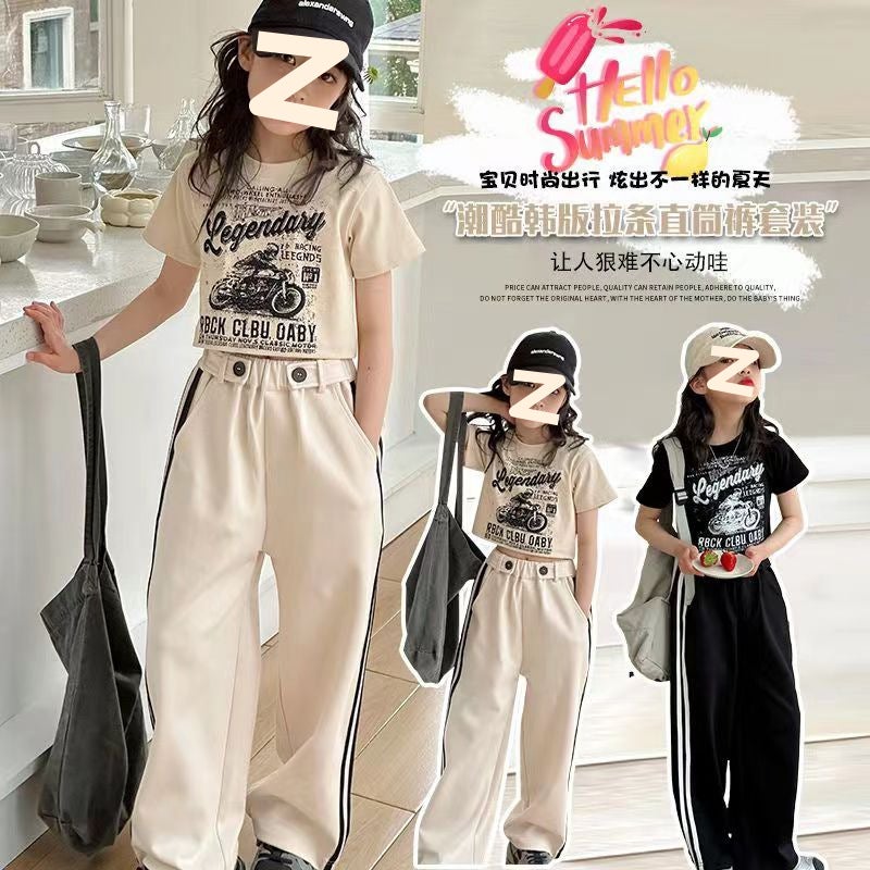 Girls summer straight leg pants suit 2024 new big childrens fashionable short T-shirt pants this two-piece suit tide apricot white 